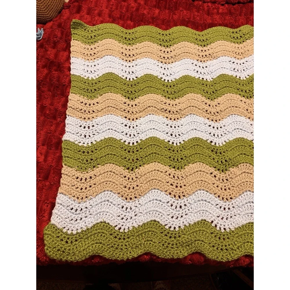 Baby Blanket Handmade Crochet Wave Stitch Green Gray Blue Stripes 25x21 Nursery